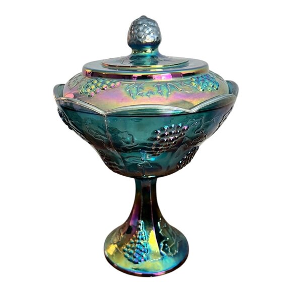 Vtg Indiana Glass Blue Iridescent Carnival Glass Pedestal Compote Candy Dish - Picture 3 of 11